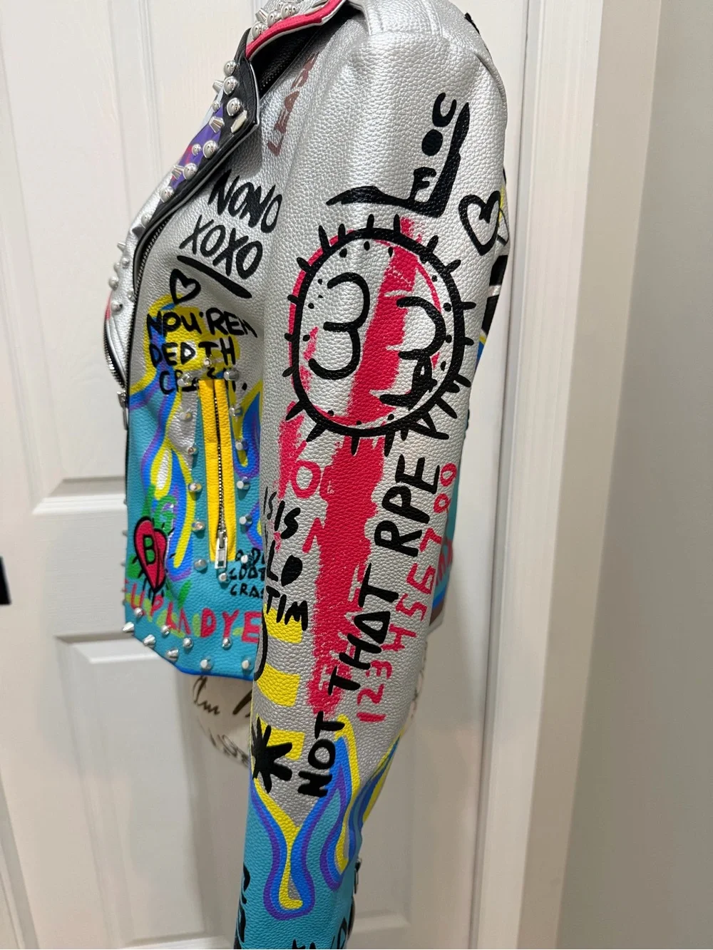 Azalea Wang Graffiti Silver Jacket Embellished Eagle Rose Statement Piece